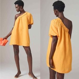 By Anthropologie One-Shoulder Waistless Mini Dress Linen Blend Mango Orange XL